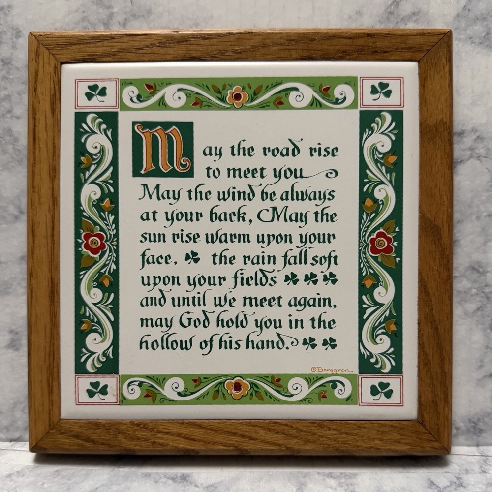 Berggren Ceramic Kitchen Blessing Prayer Wood Framed Tile Trivet Irish Clover